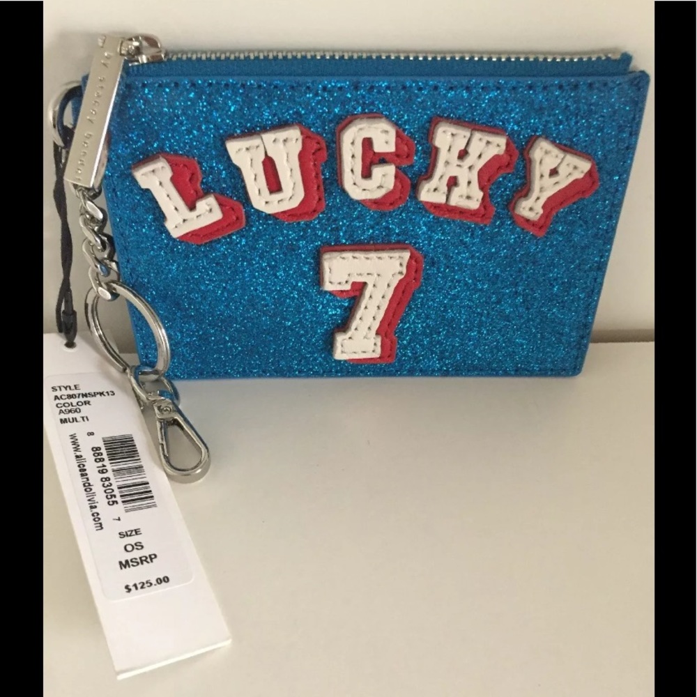 NWT ALICE & OLIVIA EVY LUCKY 7 BLUE GLITTER WALLET